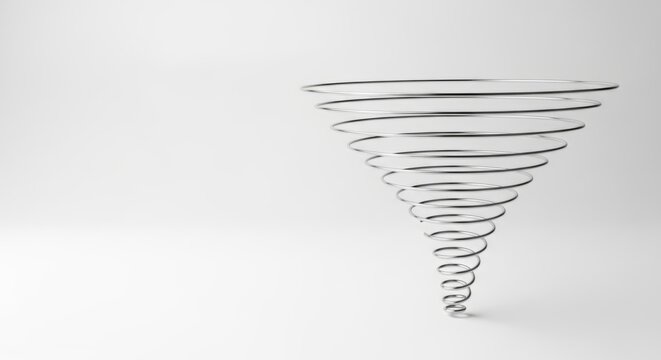 Metallic spiral funnel with increasing diameter in minimalist style, abstract representation of business growth and solutions