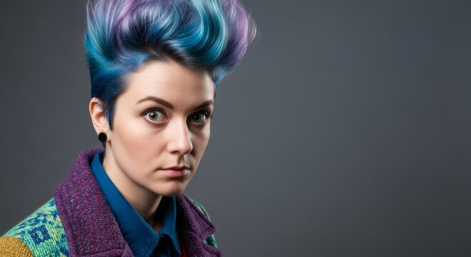 Woman with vibrant blue and purple mohawk hair looking with curiosity and suspicion against a plain grey background, expressive portrait