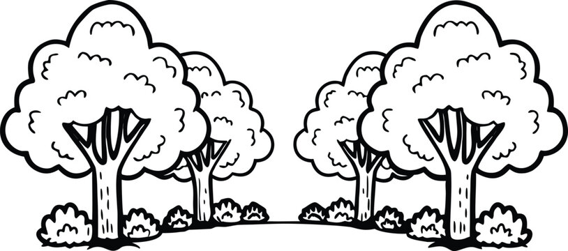 Black and White Layered Forest Landscape Vector with Tree Silhouettes Seamless Nature Pattern Background