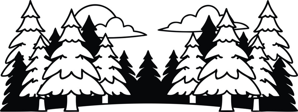 Black and White Layered Forest Landscape Vector with Tree Silhouettes Seamless Nature Pattern Background