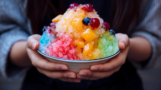 Close up of hand holding traditional colorful shaved ice bowl in summer sunlight, Generative AI illustrations.