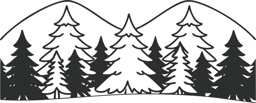 Black and White Layered Forest Landscape Vector with Tree Silhouettes Seamless Nature Pattern Background