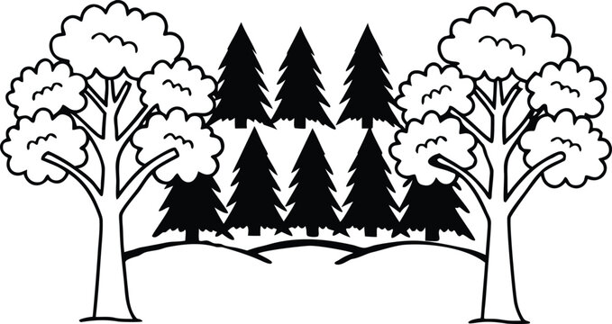 Black and White Layered Forest Landscape Vector with Tree Silhouettes Seamless Nature Pattern Background