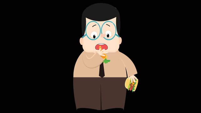 Cartoon Man Weight Gain and Loss Transformation Eating Burger and Carrot Loop Animation , Quicktime png with Alpha Channel 24 fps