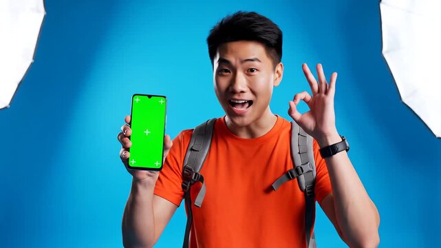 Excited Asian Man Holding Green Screen Phone and Showing Okay Gesture.