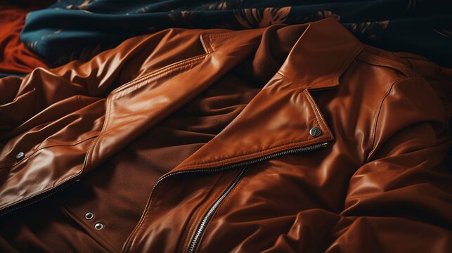 A photo of a neatly folded leather jacket on a bed