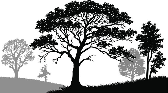 Black and White Layered Forest Landscape Vector with Tree Silhouettes Seamless Nature Pattern Background