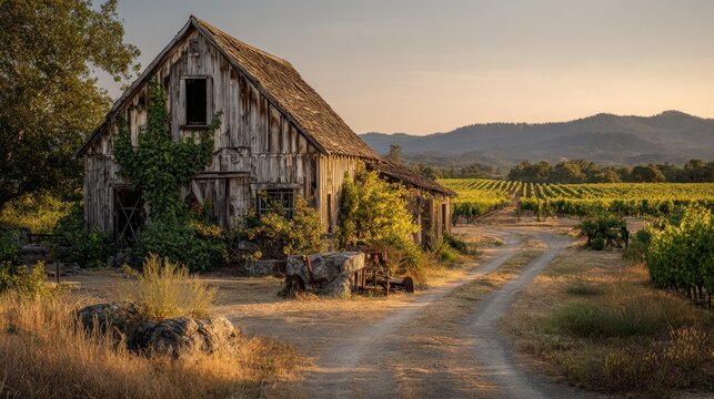 Weathered outbuilding among rows of grapevines in a quiet vineyard setting