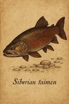 Detailed vintage illustration of Siberian taimen over a rounded stone riverbed