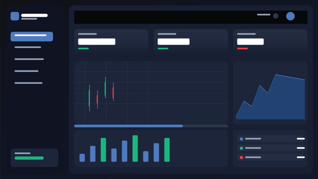 Vector art of a dark blue infographic template with various colorful graphs and charts