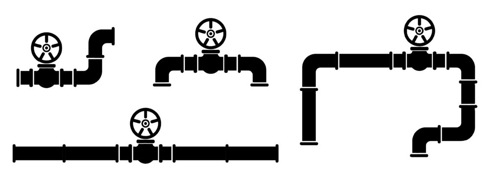 Set of black vector silhouettes of industrial oil pipes, valves with wheels, and flange joints isolated on white. Minimalist flat design: petroleum pipelines, gas refinery components, plumbing systems