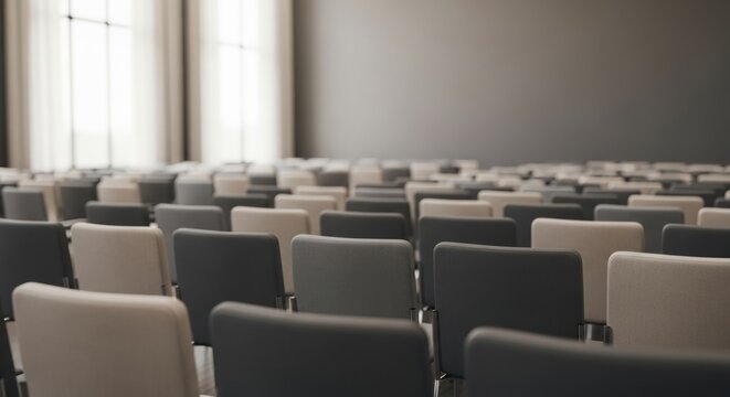 Empty modern conference hall with neatly arranged chairs and soft window light, offering ample copy space for business presentations