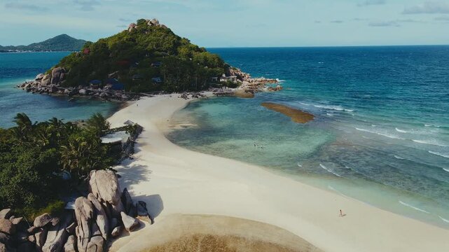 Bright Sandy Peninsula. Sundrenched Spit Of Sand Uniting Island And Shore With Picturesque Surroundings
