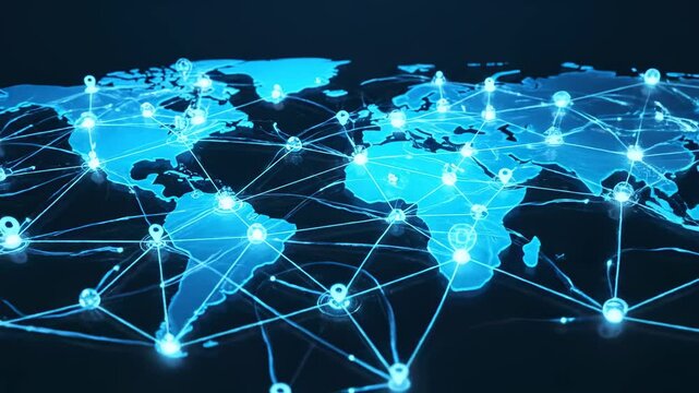 This features a stunning visual representation of a global network, with bright blue lines and glowing location markers crisscrossing a dark map of the world. The futuristic design highlights the
