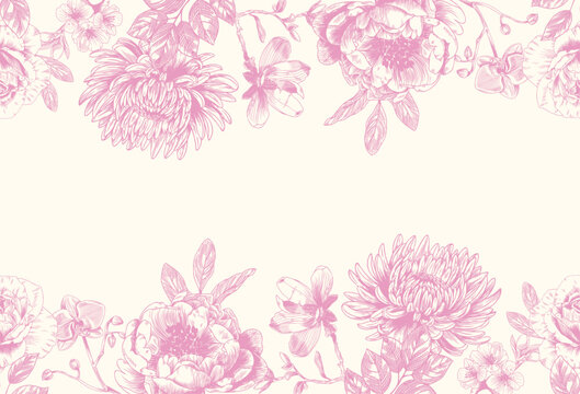 Botanical pink wedding seamless borer with flower on white background. Hand drawn floral, flower and leaf branch in toile de jouy style. Line art for wedding invitation, greeting birthday cards
