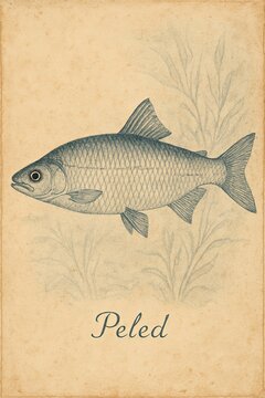 Detailed vintage blue ink peled illustration with ornate botanical background