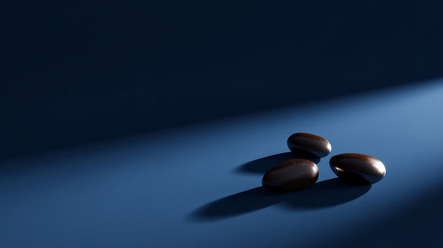 Three shiny dark brown oval objects on a vibrant blue surface with dramatic shadow and light creating a mysterious and elegant ambiance