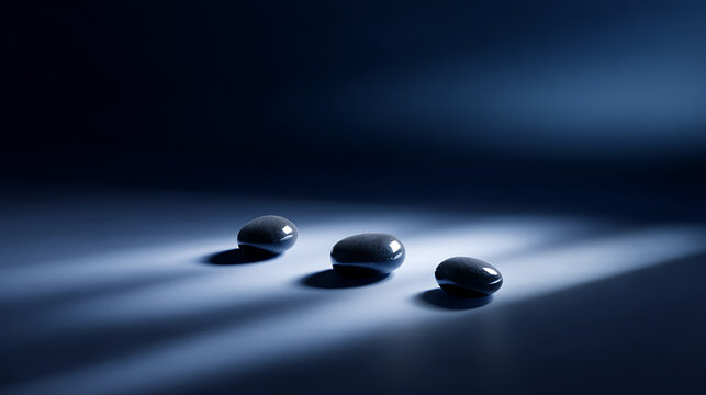 Three dark, shiny objects cast long shadows in a blue-lit, minimalist setting, creating a mysterious and elegant abstract composition