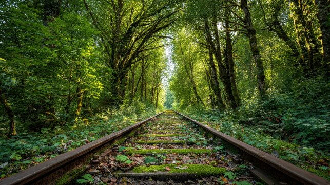 Parallel railway tracks stretch through dense woodland under dappled sunlight