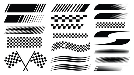 Racing stripes and checkered flags set, black and white vector collection of motorsport design elements for automotive graphics, speed branding, racing decals, and competitive sports visuals © Khoteza
