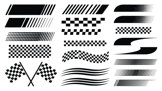Racing stripes and checkered flags set, black and white vector collection of motorsport design elements for automotive graphics, speed branding, racing decals, and competitive sports visuals