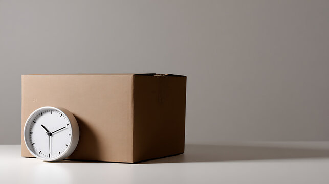 Minimalist composition of a white clock leaning against a brown cardboard box on a light table, symbolizing time-sensitive delivery or moving services