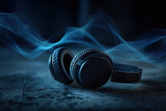Matte black over-ear headphones with glowing sound waves in a modern studio setting