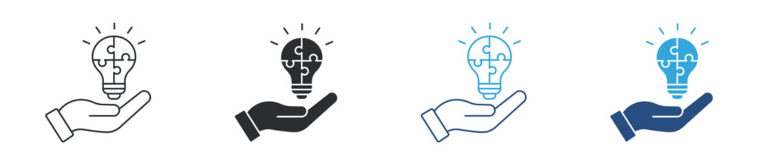 Idea in hand icon set. light bulb with puzzle in palm. innovation support and creative solution concept. vector illustration. © Icon Atelier