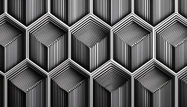 black and white geometric pattern of hexagonal shapes with vertical and diagonal stripes creating an optical illusion effect