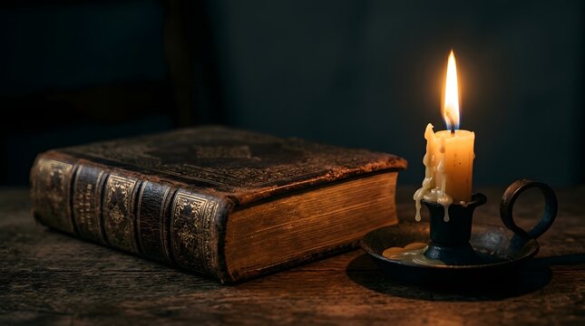 An old, leather-bound book sits beside a flickering candle on a wooden surface, casting a warm, inviting glow in the dim light