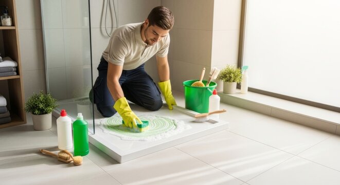 Man in yellow gloves cleaning shower tray with eco-friendly soap and sponge, bright bathroom with natural light