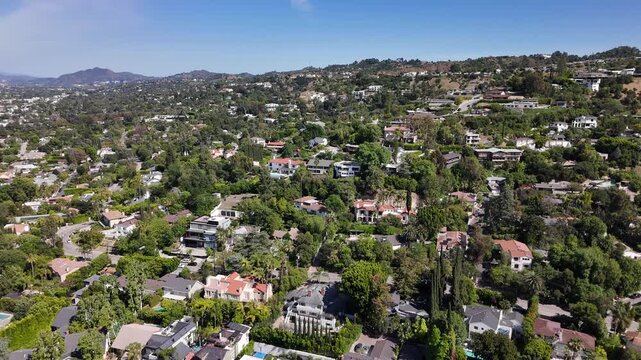 Aerial Drone Flyover Residential Neighborhood; Sherman Oaks, Southern California; USA 