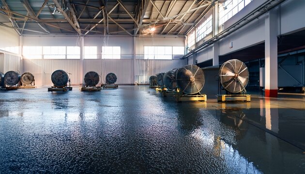industrial fans in a warehouse are used for water extraction and moisture control after flooding