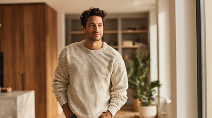 Fototapeta premium Modern man with a hopeful expression in a cozy home environment