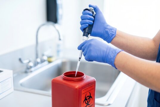 Laboratory worker discarding a used pipette tip into a red biohazard waste container