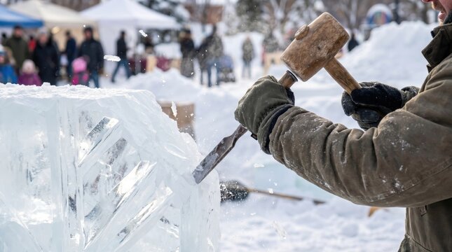Sculptor using a wooden mallet and chisel to carve a large block of clear ice outdoors