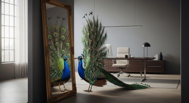 Pompous peacock admiring its reflection in a modern office mirror, symbolizing vanity and self-absorption in a professional setting with soft lighting.
