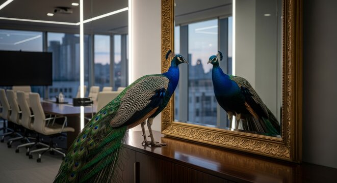 Pompous Peacock Gazes at Reflection in Grand Mirror, Symbolizing Business Vanity and Narcissism in Modern Boardroom