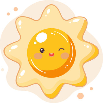 Kawaii sun shaped fried egg sticker with winking face expression and golden yolk isolated on simple background for designs.
