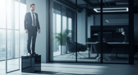 Fototapeta premium Successful businessman standing on a minimalist pedestal in a modern office, symbolizing ambition and achievement with bright window light.
