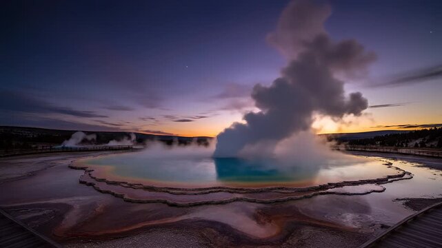 Yellowstone Geyser Eruption at Sunset and Night Sky.
