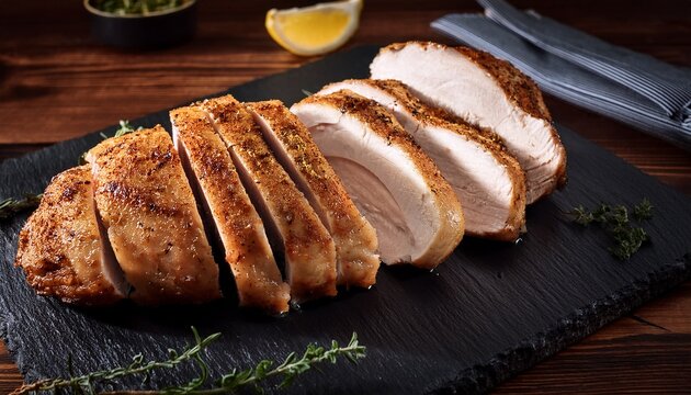 sliced roasted chicken breast with golden crust