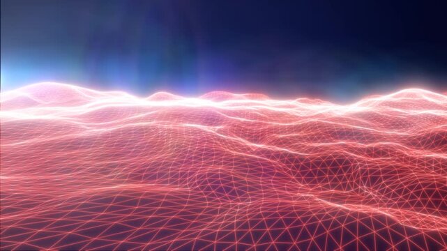 Red glowing wireframe wave terrain with polygon mesh and bright horizon glow, abstract futuristic digital landscape background
