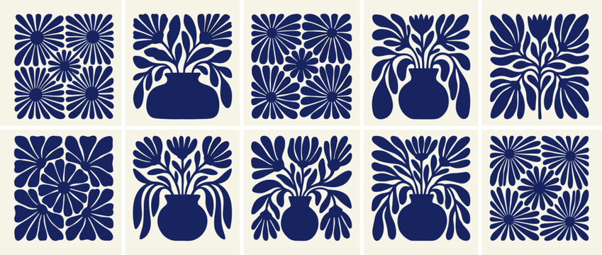 Collage of ten deep blue floral vase patterns against a creamy off-white background