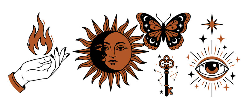 Mystical Bohemian Vector Elements with Sun Butterfly Eye Key and Hand with Fire
