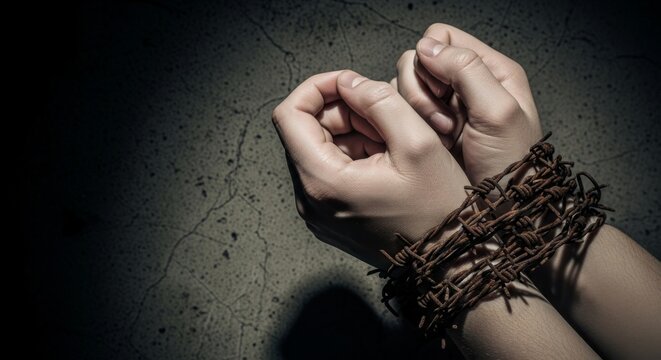 Hands bound by rusted barbed wire in dramatic lighting, symbolizing repression and loss of freedom against a textured dark background.