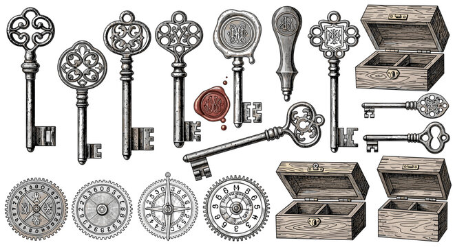 Collection of vintage-style keys wooden boxes and clockwork dials on white backdrop