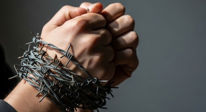 Hands Bound by Barbed Wire, Symbolizing Struggle and Loss of Freedom, Set Against a Somber Gray Background