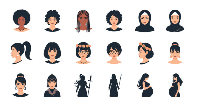 Diverse female avatars featuring various ages ethnicities and styles on white