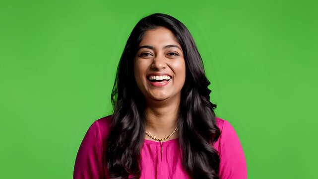 Young Woman Laughing and Waving on Green Screen Background.